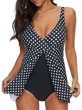 Plus Size Polka Dot Swim Dress: Tummy Control, Open Back, Padded, V Wire, Black, Women's Swimsuit